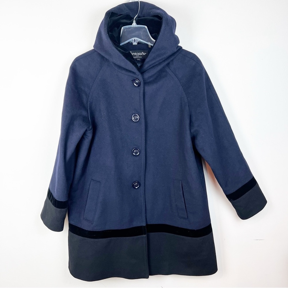 Forecaster Lambswool Navy Blue Coat 16 Black Velvet Hooded Pockets Colorblock